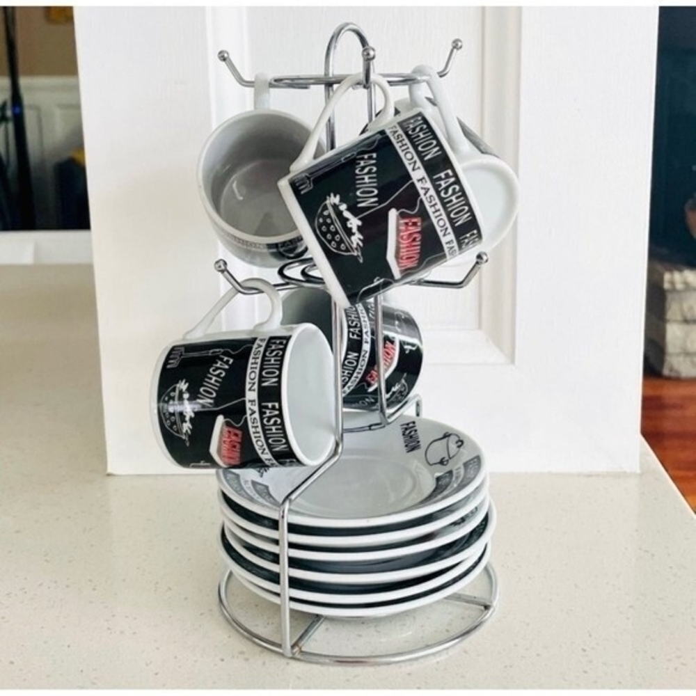 Vintage FASHION 12pc Espresso Coffee Set Silver Holder Black White Red Porcelain